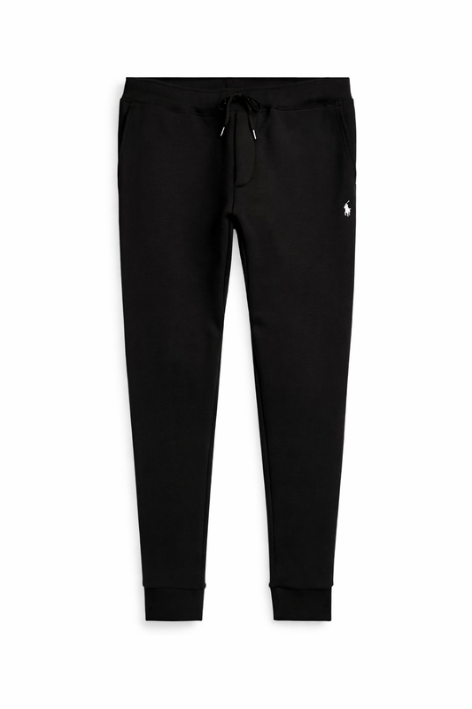 Black Ralph Lauren Polo sweatpants with a brand logo on a white background