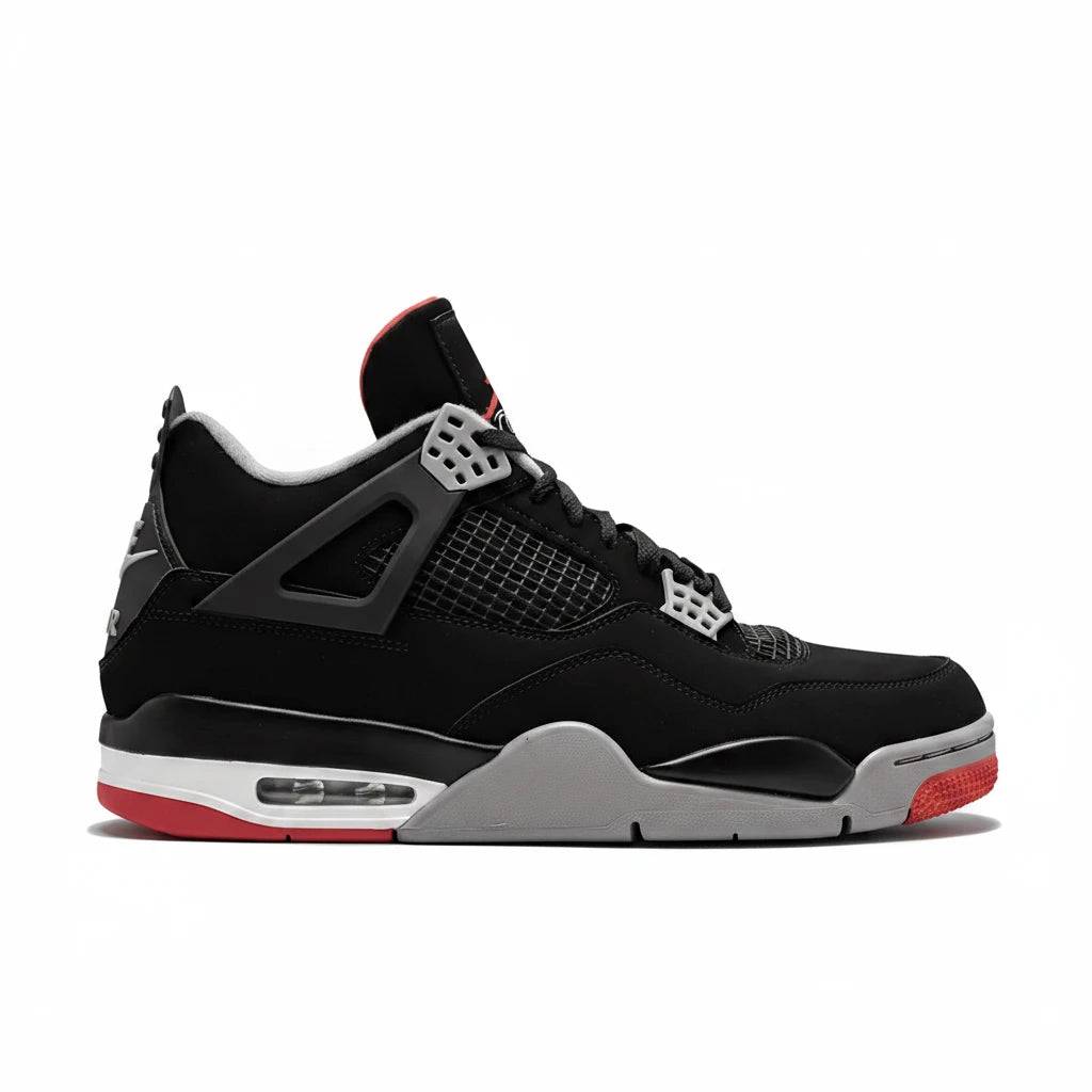 Air Jordan 4 Black and red sneaker with white sole on a white background