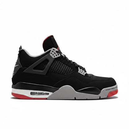 Air Jordan 4 Black and red sneaker with white sole on a white background