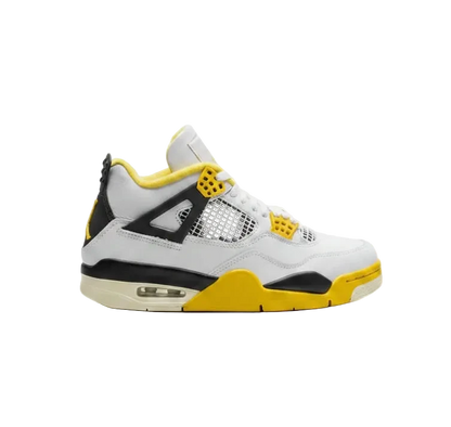 A white Air Jordan 4 sneaker with black and yellow accents, shown in a side profile view against a light gray background.