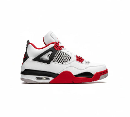 Air Jordan 4 White sneaker with red and black accents on a white background