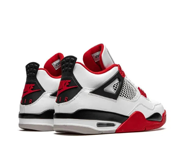 Air Jordan 4 White sneakers with red and black accents on a white background