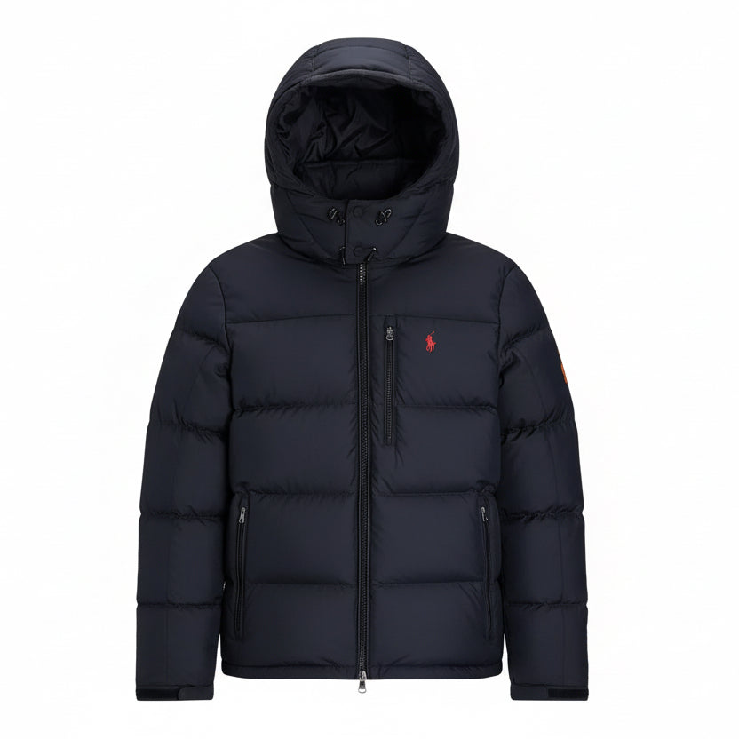 Black Ralph Lauren polo puffer detachable hooded jacket ,with a red Ralph Lauren horse brand, 3 front pockets and one inner hidden pocket, adjustable wrist lengths logo on a white background