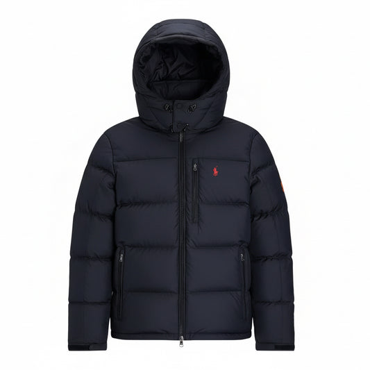 Black Ralph Lauren polo puffer detachable hooded jacket ,with a red Ralph Lauren horse brand, 3 front pockets and one inner hidden pocket, adjustable wrist lengths logo on a white background