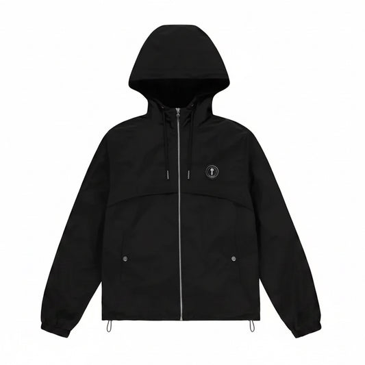 Black Trapstar irongate windbreaker with a adjustable hood, trapstar logo on the front,  adjustable waist, and 2 front pockets on a white background
