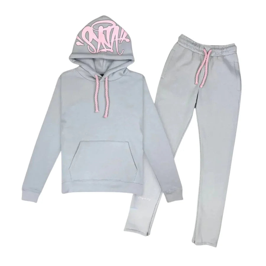 Gray syna world by central cee hoodie and pants set with pink drawstrings on a white background