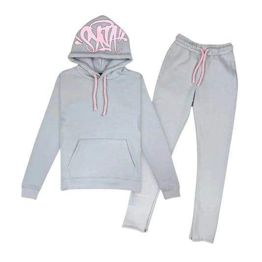 Gray syna world by central cee hoodie and pants set with pink drawstrings on a white background
