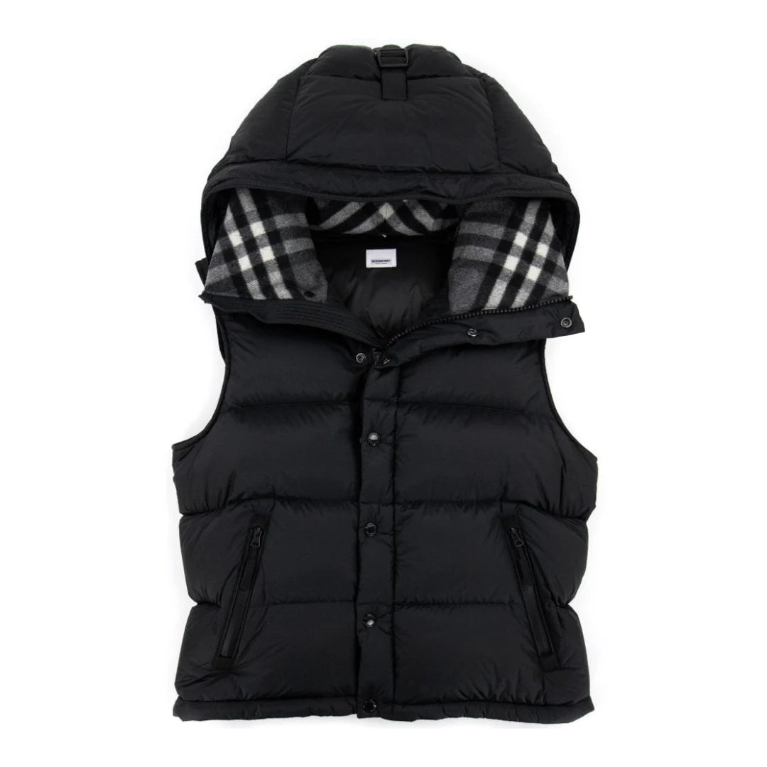 Black Burberry puffer vest with plaid lining on a white background