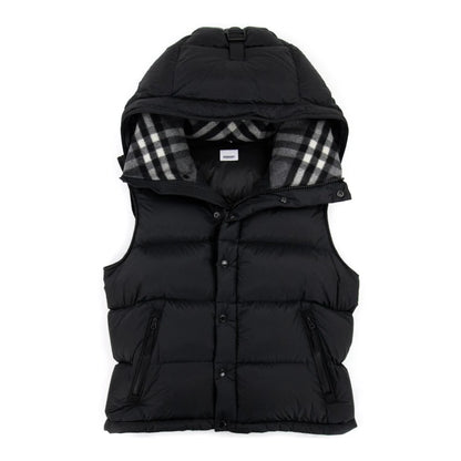 Black Burberry puffer vest with plaid lining on a white background