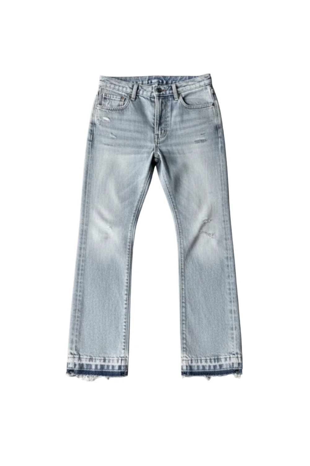 Light-wash blue denim jeans with a straight-to-crew leg, featuring distressed details and raw frayed hems, shown flat on a white background.