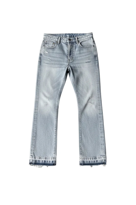 Light-wash blue denim jeans with a straight-to-crew leg, featuring distressed details and raw frayed hems, shown flat on a white background.