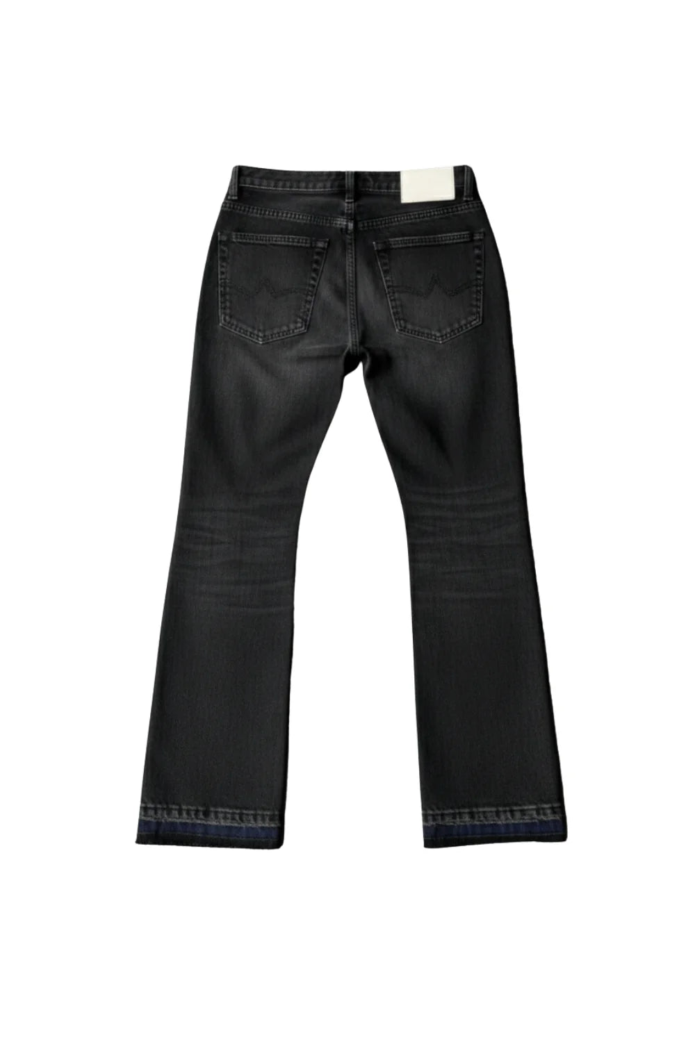 Back view of a pair of dark gray denim jeans with a straight-leg or bootcut fit, featuring classic five-pocket styling and a white brand label at the back waistband.