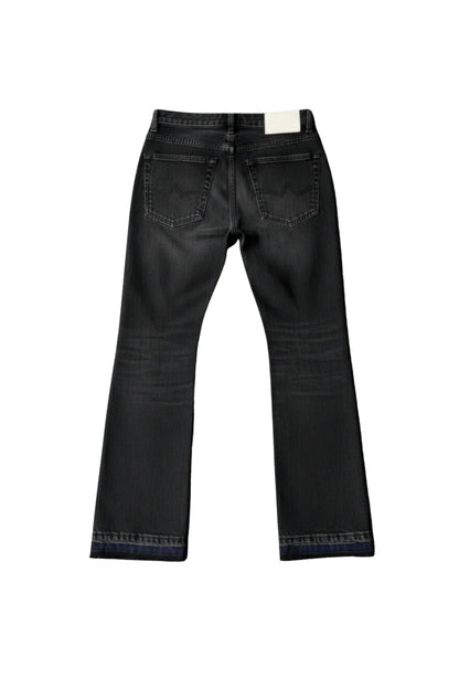 Back view of a pair of dark gray denim jeans with a straight-leg or bootcut fit, featuring classic five-pocket styling and a white brand label at the back waistband.