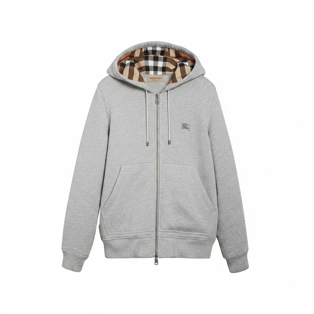Burberry Gray hoodie with checkered hood on a white background