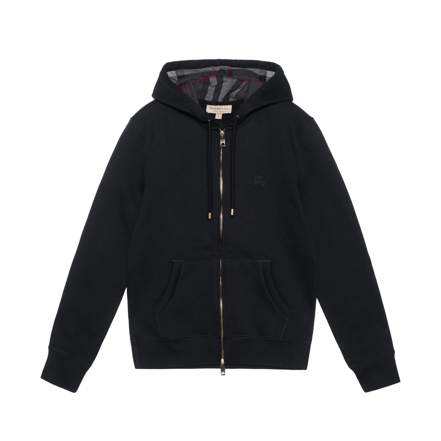 A Burberry black zip-up hoodie with a gold-tone zipper, featuring a drawstring hood with a plaid lining, ribbed cuffs and hem, and a kangaroo pocket, shown against a plain white background.